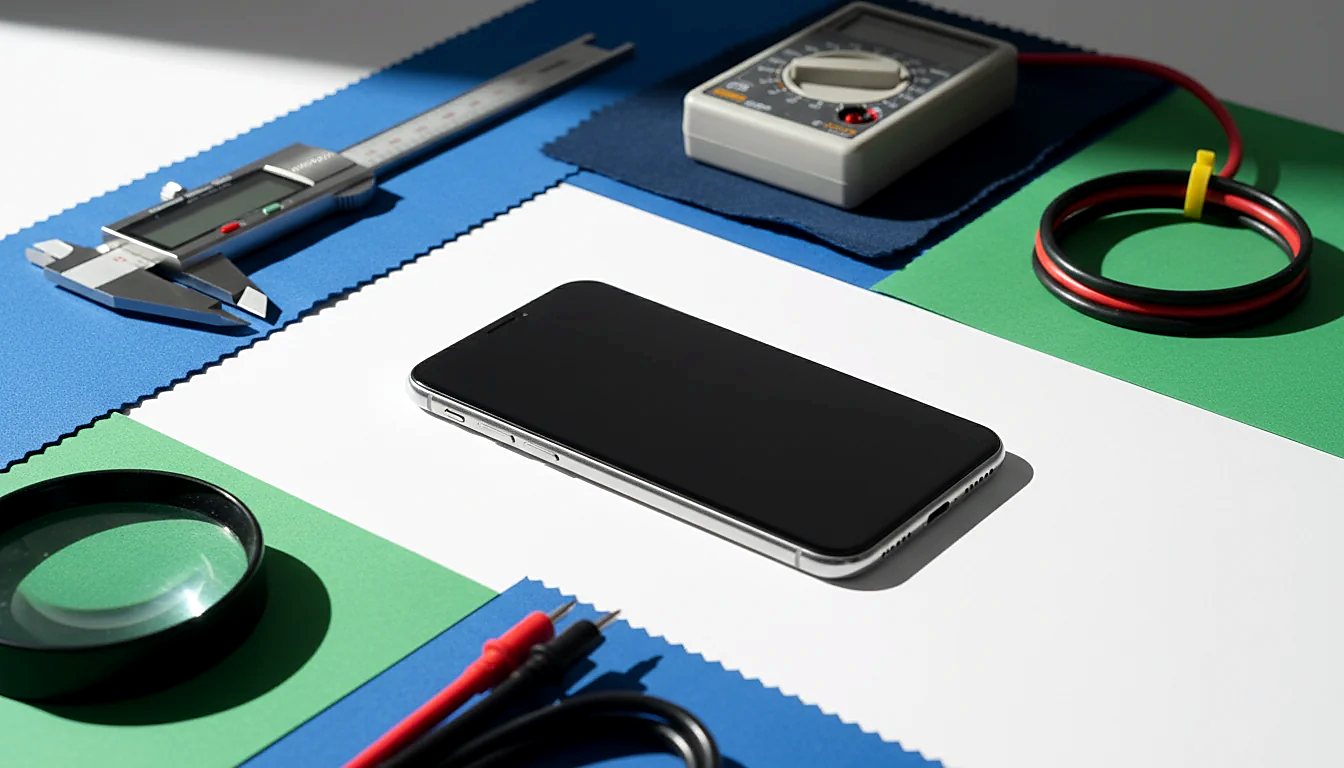 A phone on the test bench beside callipers, a multimeter and a magnifier