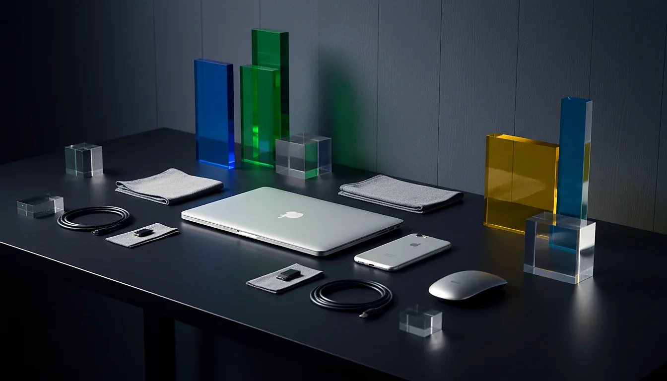 A dark desk with a laptop, a phone, charging cables, cleaning cloths and coloured glass blocks laid out neatly.