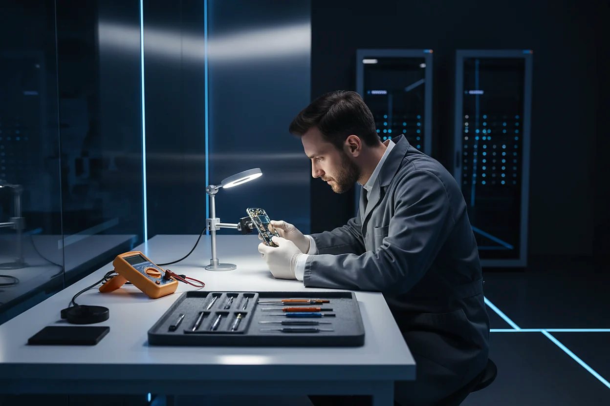 A technician testing a phone at a lit bench